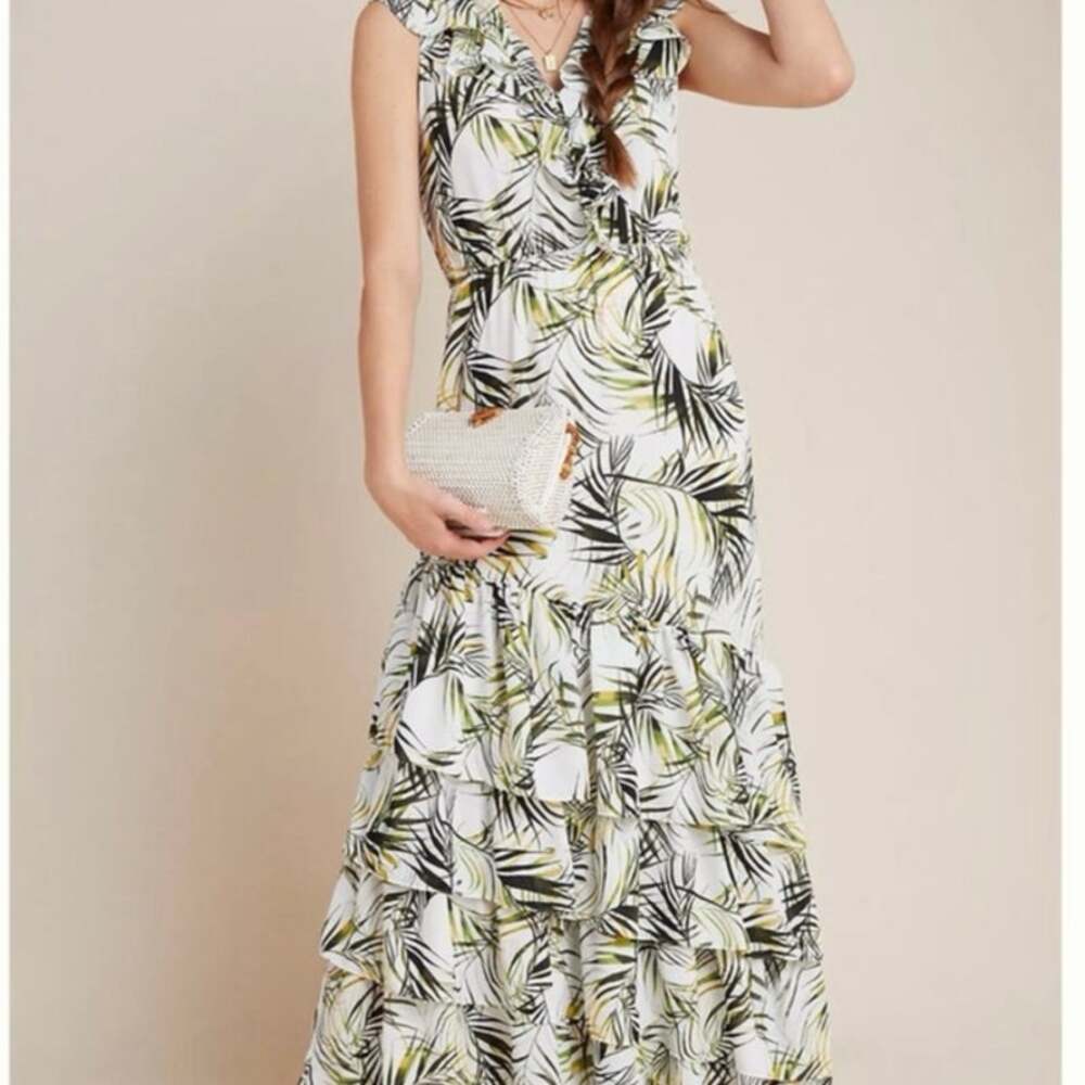 Misa Anthropologie Maxine Green Floral Ruffle Maxi Resortwear Cocktail Dress XS
